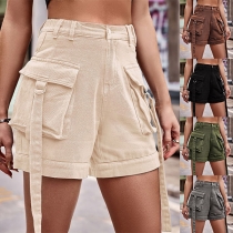Casual Solid Color Side Patch Pockets Denim Shorts
