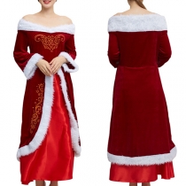 Fashion Plush Spliced Off-the-shoulder Long Sleeve Christmas Dress for Party
