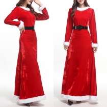 Fashion White Plush Spliced Long Sleeve Round Neck Red Maxi Christmas Dress