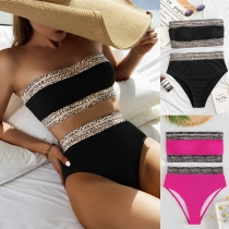 Fashion Contrast Color Leopard Printed Bikini Set Consisting Swimming Bandeau and High-rise Swimming Bottom