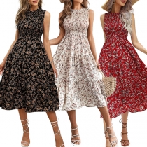 Fashion Floral Printed Round Neck Sleeveless Dress