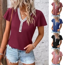 Fashion Contrast Color V-neck Ruffled Short Sleeve Shirt