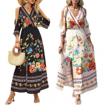 Fashion Floral Printed V-neck Open Shoulder Elbow Sleeve Slit Midi Dress