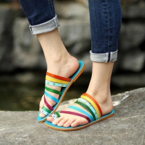 Vintage Leather Rainbow Stripe Contrasting Color Comfort Flip Flop Slippers