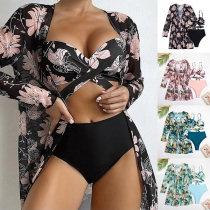 Fashion Floral Printed Three-piece Swimsuit Set Consist of Swimming Cover-up Cardigan, Self-tie Bikini Top and High-rise Bikini Bottom