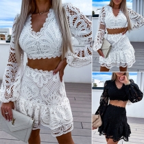 Fashion Hollow Out Lace Two-piece Set Consist of Long Sleeve Crop Top and Ruffled Skirt