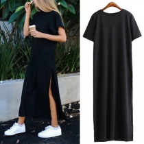 Casual Solid Color Round Neck Short Sleeve Side Slit Dress