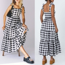 Fashion Contrast Color Self-tie Tiered Plaid Dress