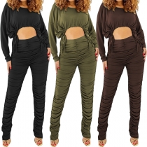 Fashion Ruched Two-piece Set Consist of Long Sleeve Crop Top and High-rise Skinny Pants