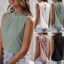 Fashion Hollow Out Ruffled Mock Neck Sleeveless Shirt