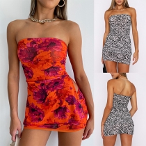 Fashion Floral Printed Two-piece Set Consist of Strapless Slit Top and Mini Skirt