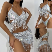 Sexy Bling-bling Sequin Tassel Criss-cross Bikini Set
