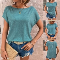 Casual Solid Color Round Neck Short Sleeve Buttoned Shirt