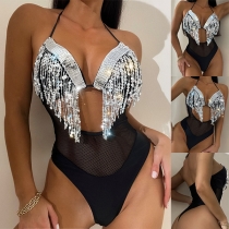 Fashion Bling-bling Sequin Tassel Mesh Spliced One-piece Swimsuit/Monokini