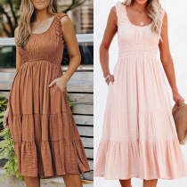 Fashion Solid Color Round Neck Ruffled Sleeveless High Waist Side Pockets Tiered Dress