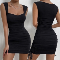 Fashion Solid Color Side Drawstring Ruched Bodycon Dress