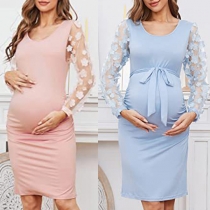 Fashion Gauze Spliced Long Sleeve Round Neck Self-tie Maternity Dress