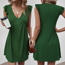 Casual Ruffled Sleeveless V-neck Green Mini Dress