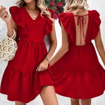 Fashion Ruffled Sleeveless V-neck Self-tie Backless Tiered Red Dress