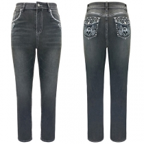 Punk Style Old-washed Rhinestone Angel Wing Rivet Skull Embroidered Skinny Jeans