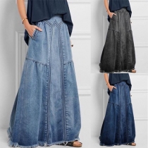 Vintage Old-washed Frayed Hemline Elastic Waist Denim Skirt