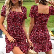 Fashion Floral Printed Ruched Square Neck Short Sleeve Bodycon Dress
