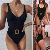 Sexy Solid Color Cinch Waist Backless One-piece Swimsuit/Monokini