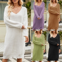 Fashion Solid Color V-neck Long Sleeve Knitted Sweater Dress