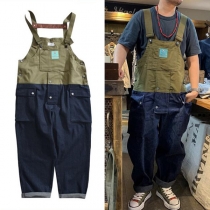 Two Tone Casual Denim Overalls with Straps Work Romper Jumpsuit