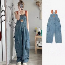 Loose Straight Leg Retro Denim Overalls with Cargo Pockets Wide Leg Crop Romper Jumpsuit
