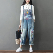 Distressed Denim Overalls Comic Printed Romper Jumpsuit