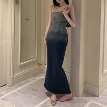 Strapless Denim Bodycon Dress with Gradient Midi Skirt