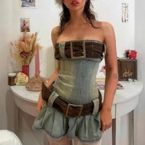 Retro Distressed  Tube Top Mini Dress with Large Belt Slim Denim Skirt