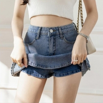 Double Layer Denim Skirt with Detachable Inner Shorts Stylish Jean Skirt
