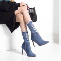 Ripped Denim Pointy Toe Ankle Boots Block Heel Mid Calf Boots with Zipper