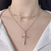Dainty Rhinestone Cross Pendant Double Layered Necklace