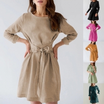 Fashion Solid Color Round Neck Long Sleeve Self-tie Dress