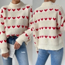 Fashion Contrast Color Heart Pattern Turtleneck Long Sleeve Knitted Sweater