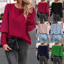 Fashion Solid Color Round Neck Long Sleeve Buttoned Knitted Shirt