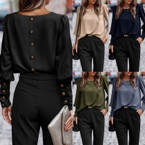 Street Fashion Solid Color Buttoned Long Sleeve Round Neck Shirt