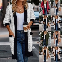 Fashion Contrast Color Long Sleeve Knitted Cardigan