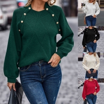 Fashion Solid Color Round Neck Buttoned Long Sleeve Knitted Sweater