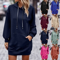 Street Fashion Solid Color Long Sleeve Kangaroo Pocket Drawstring Hooded Dress