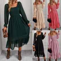 Fashion Square Neck Long Sleeve Smocked Midi Dress