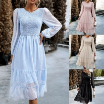 Fashion Semi-through Gauze Spliced Long Sleeve Round Neck Smocked Midi Dress