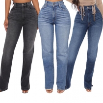 Fashion Old-washed High-rise Straight Denim Jeans