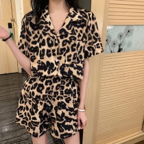 Leopard Print Short Pajama Set Loose Short Sleeve Top and Shorts