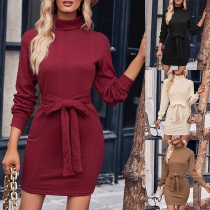Fashion Solid Color Turtleneck Long Sleeve Self-tie Knitted Dress