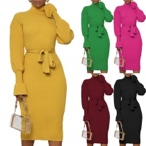 Fashion Solid Color Turtleneck Long Sleeve Self-tie Knitted Dress