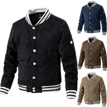 Men's Street Fashion Corduroy Jacket with Contrast Color Stripes and Buttoned Closure